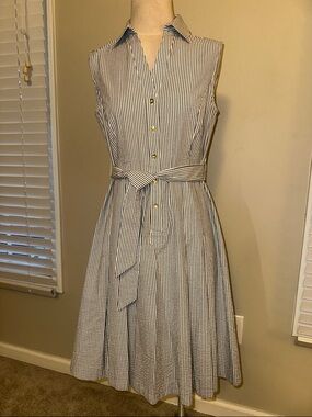 Sleeveless Navy and White Striped Midi Shirt Dress with Waist Tie